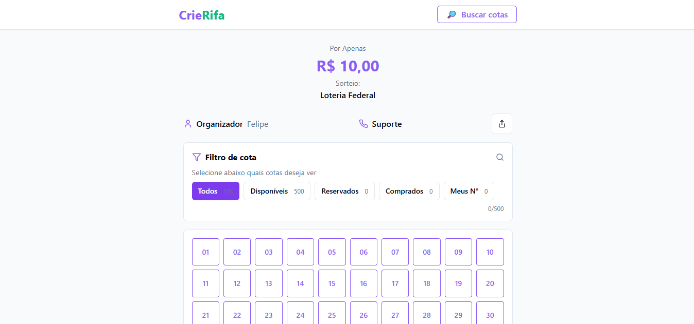 Painel da plataforma Crie Rifa mostrando a interface de gerenciamento de rifas
